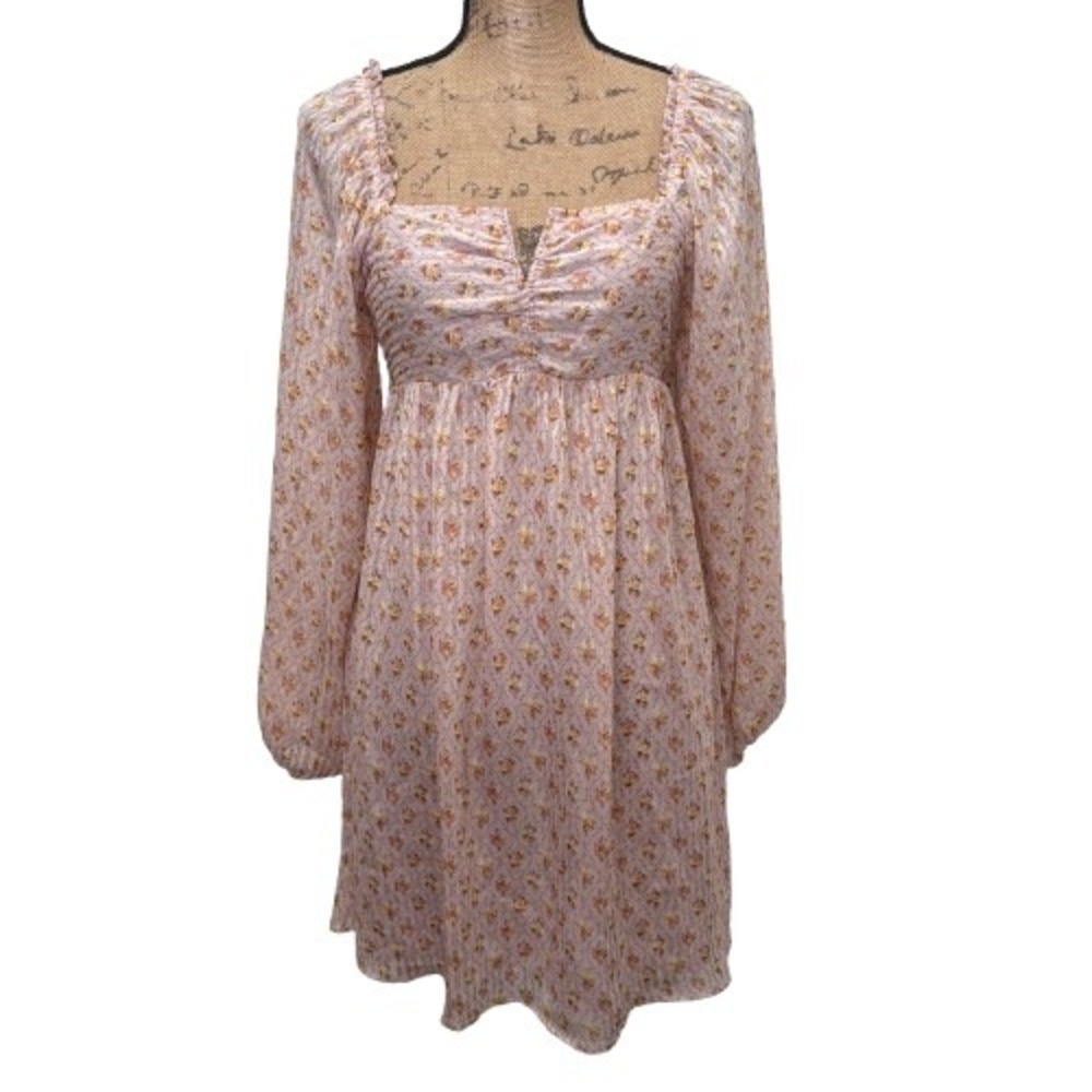 Storia Mini Dress Floral Long Sleeve Square Neck Open Back Tie Pink Size Small